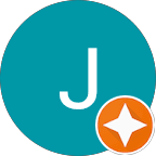 Teal circle with a white letter J and a small orange star badge overlay.